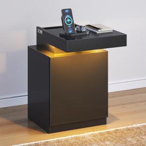MXV LED Nightstand with Charging Station, Black Bedside Tables with Sliding Top, Storage Cabinet & Drawers for Bedroom, Modern End Tables for Bedroom Living Room (Black) (1)
