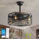 Industrial Caged Ceiling Fan with Light and Remote APP Control, Semi Flush Mount Bladeless Ceiling Fan Light Fixture, Ceiling Fan with E26 Bulb for Bedroom, Kitchen, Dining Room,4 Light,20IN