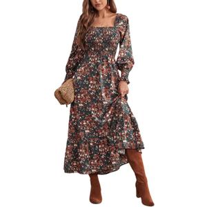 LIGHT DOT Women's Square Neck Casual Floral Dress Long Sleeve Printed Maxi Fall Dress Smocked Flowy (Orange Green,S)