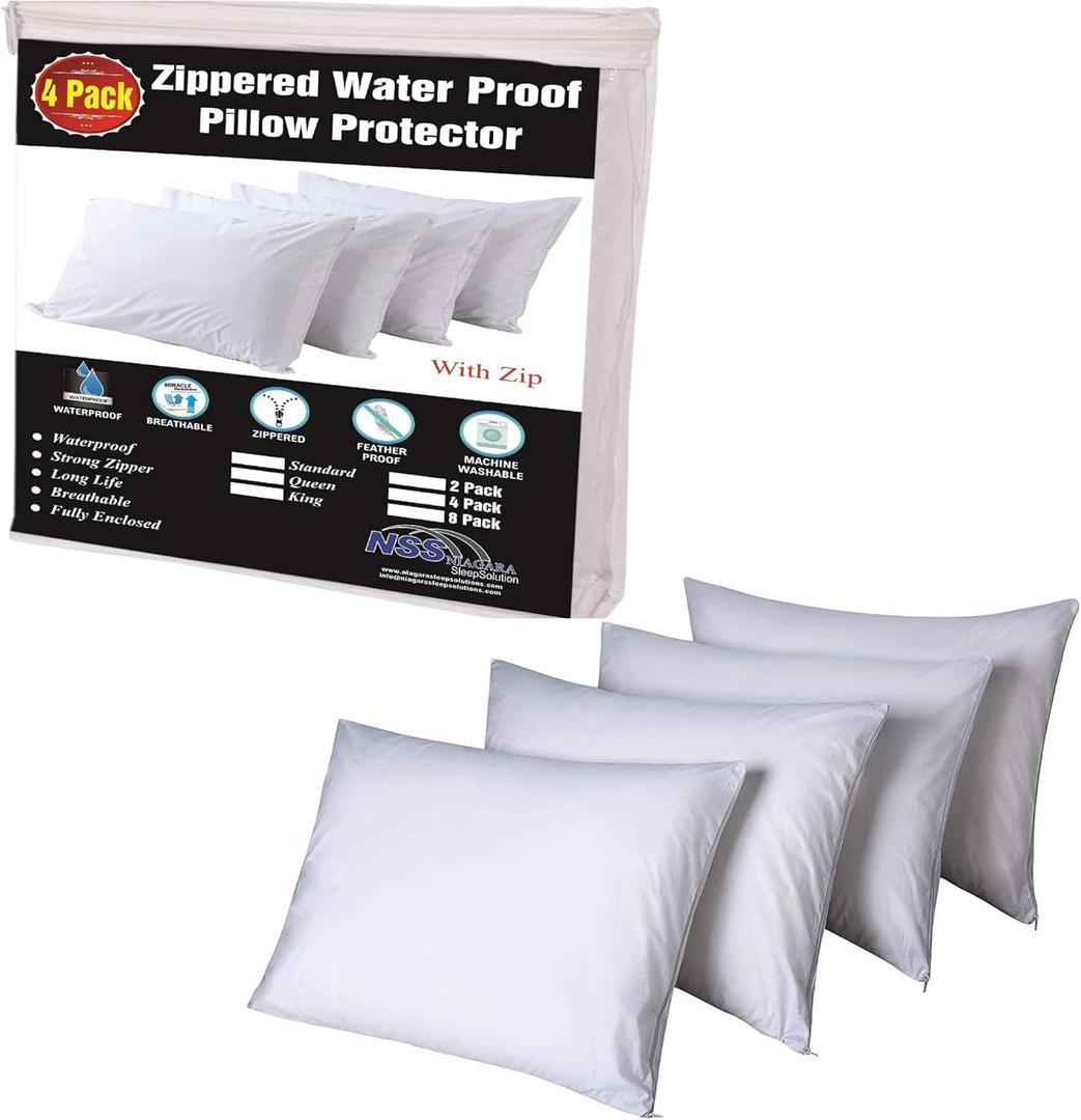 Niagara Sleep Solution 4 Pack Waterproof Pillow Protectors King 20x36 Inches and Queen 20x30 Inches