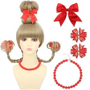 AMZCOS Christmas Costume Wig for Adult Women Blonde Braided Synthetic Wig with Red Bow Hair Clip and Necklace for Halloween Christmas Celebration Party