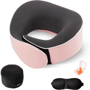 Travel Pillow,Neck Pillow Memory Foam 360 Degree Support Pillows,Travel Neck Pillow Comes with Eye Masks,Earplugs,Ideal Accessory for Airplanes Offices and Cars (Pink)