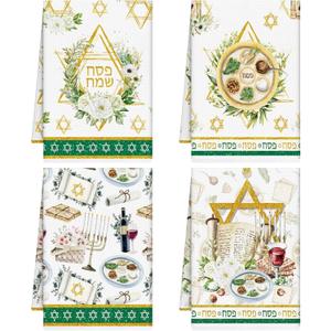 Passover Kitchen Towels Set of 4, Jewish Passover Decorations, Pesach Star of David Kitchen Dish Towels, Jewish Seder Hand Towel Decor for Festival Holiday Party Home Decoration Gifts