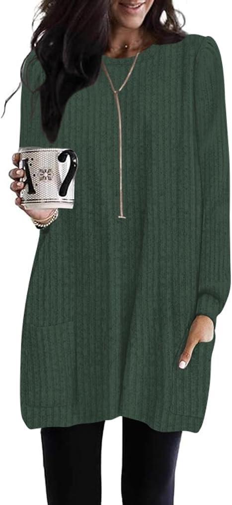 Poetsky Long Shirts for Women to Wear with Leggings Long Sleeve Tunic Tops Loose Fit Dressy Tunic Sweaters with Pockets S-3XL (Green, M)