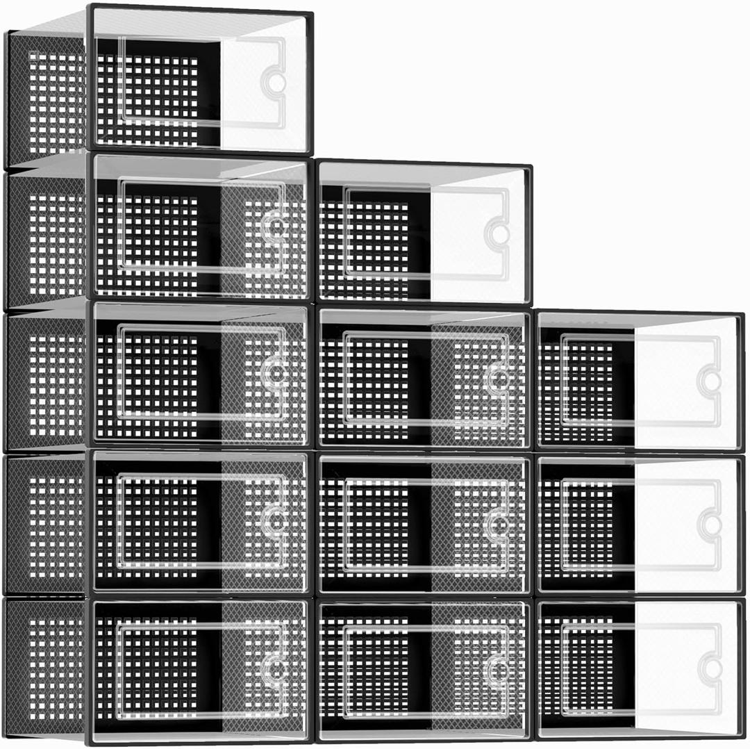 Kuject Large Shoe Organizers Storage Boxes for Closet, 12 Pack Clear Plastic Stackable Storage Bins with Lids, Under Bed Shoe Containers for Entryway, Drop Front, Fit up to Women's Size 10,Black (Large, Black)