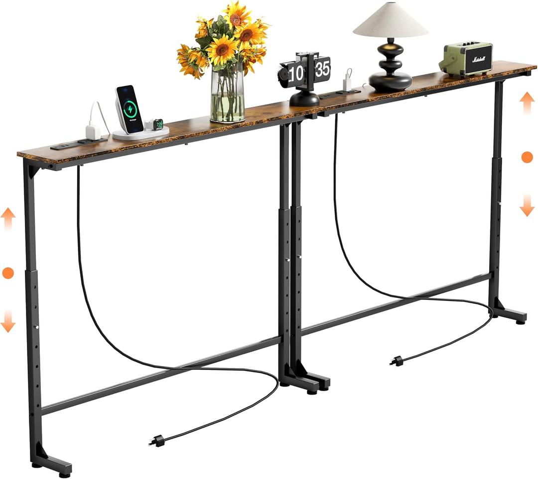 GRLEAF 2 Pack Adjustable Height Narrow Console Table with Power Outlets, 90" Long Sofa Table with Charging Station Behind Couch Table Entryway Table for Living Room and Hallway Rustic Brown