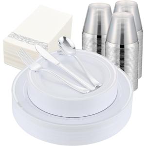 350 PCS Silver Plastic Dinnerware for 50 Guests,Silver and White Disposable Plates for Party Wedding with Napkins, 50 Dinner Plates, 50 Dessert Plates, 50 Silverware Set, 50 Cups