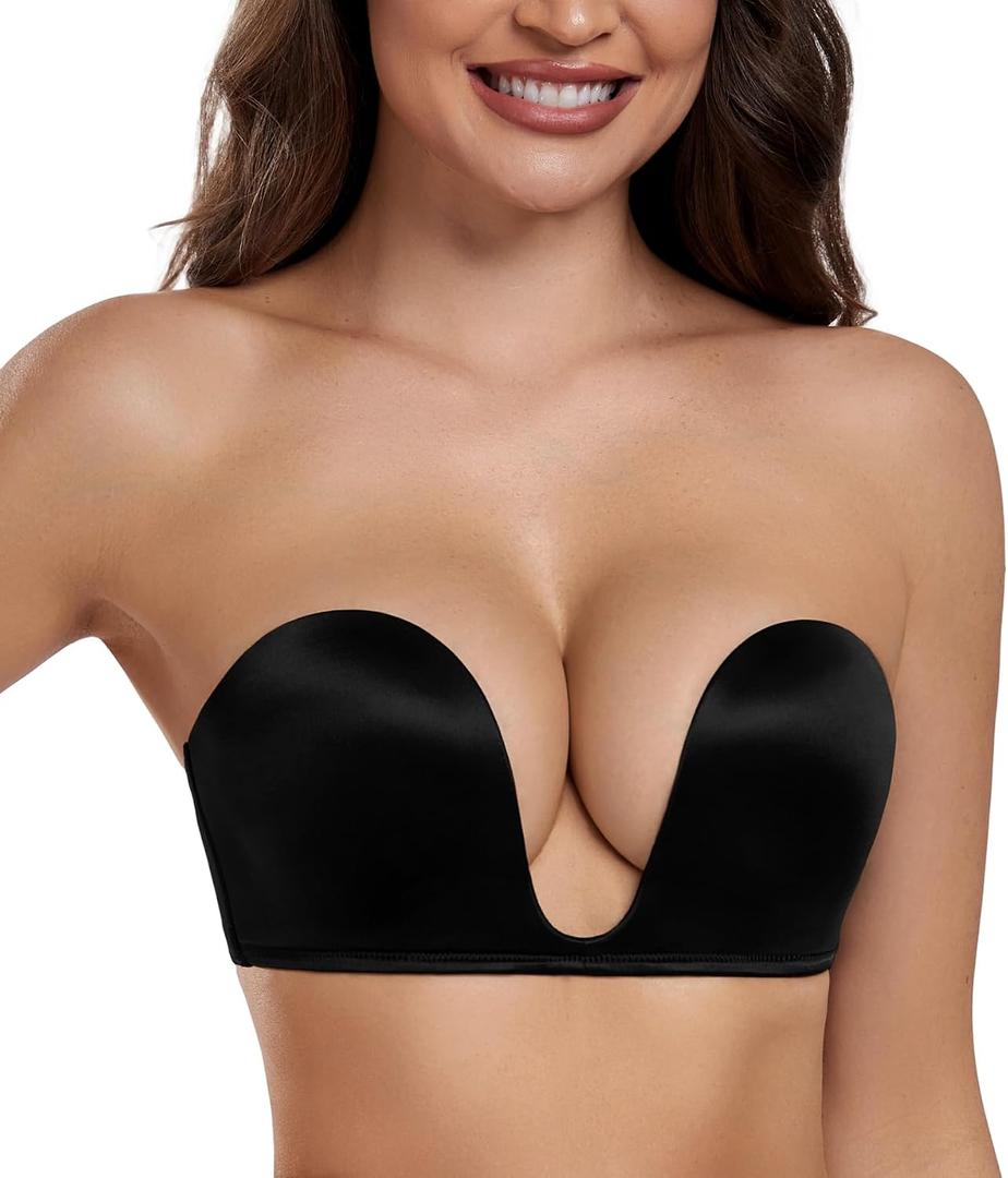 HACI Women's Plunge Deep U Strapless Bra Push Up Demi Underwire (Black,38C)