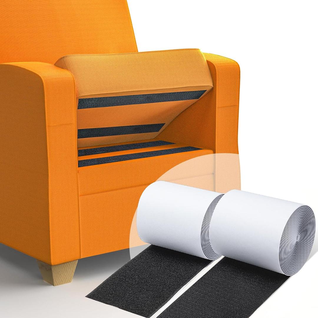 4 Inch x 16.5 Feet Black Heavy Duty Hook and Loop Tape Adhesive, Keep Couch Cushions from Sliding, Non Slip Rug Gripper and Strips with Adhesive. Prevent Patio Cushions, Carpets, Mattresses Sliding