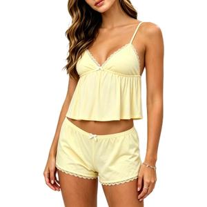 XBTCLXEBCO Lace Pajama Sets for Women 2 Piece Sexy Sleeveless Cami Tank Top and Shorts Pj Set Y2K Matching Lounge Sleepwear (Yellow, M)