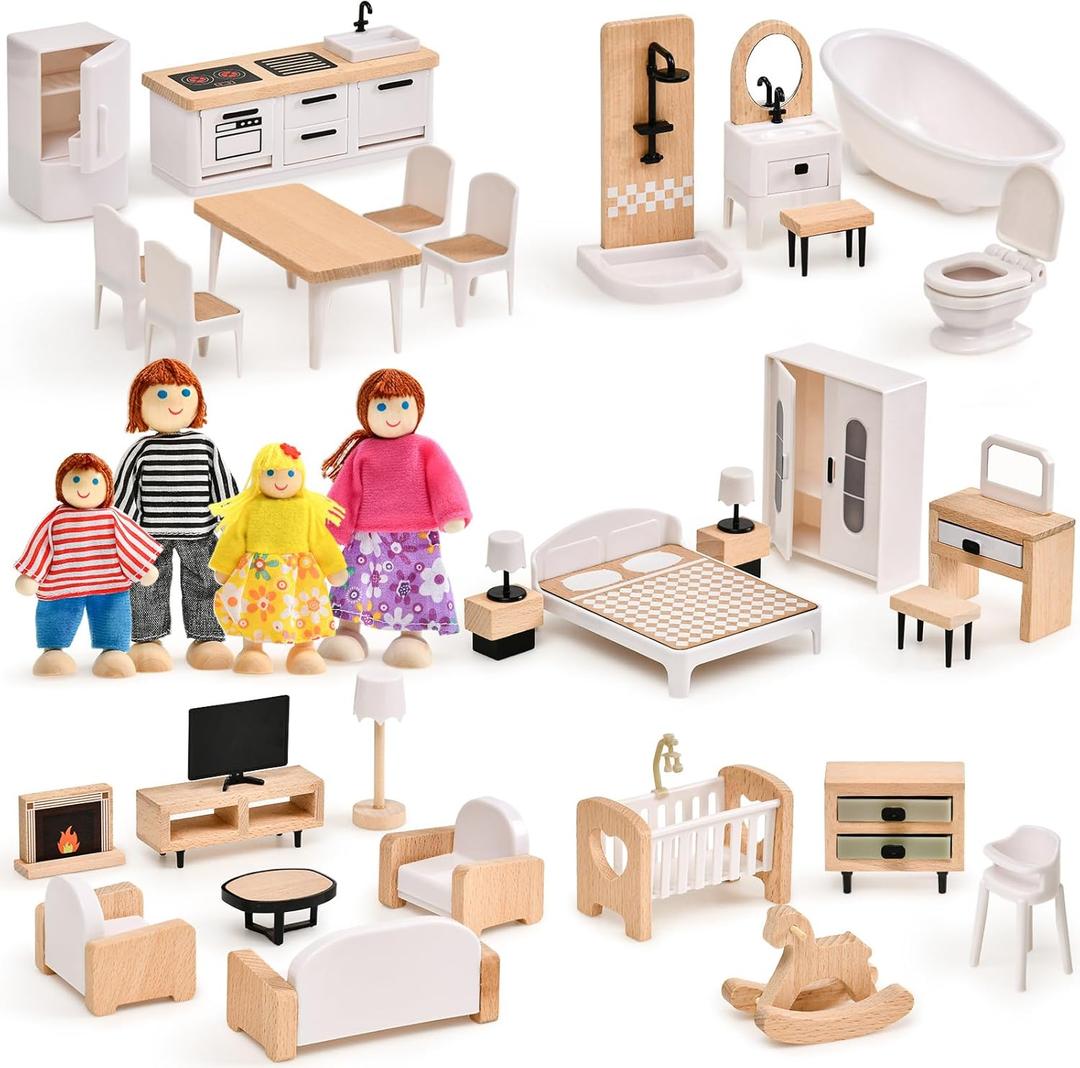 Toyssa Dollhouse Furniture Set, 36PCS Beech Wood and Plastic Miniature Doll House Accessories with Modern 5 Rooms & 4 Flexible Family Dolls, Pretend Play Toys Birthday Gift for Toddlers 3 4 5 6
