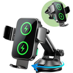 Dual Coil 15W Car Phone Holder (Not Easy to Disconnect) Wireless Car Charger -Auto Clamping- Charging Phone Holders for Your Car Dash Vent Windshield, for Flip S24/S23/S22/S21, iPhone 17/16/15 (Black)