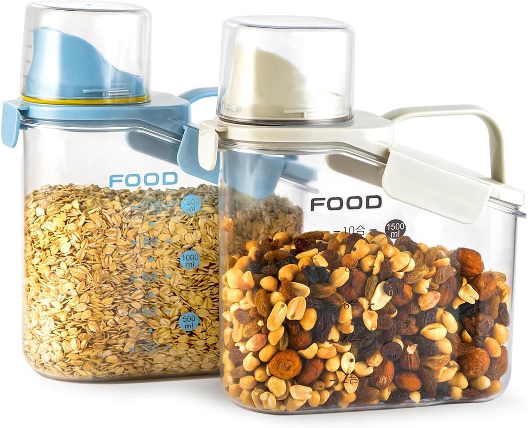 2 PCS Cereal Storage Containers, 1.5L/51oz Dry Food Rice Holder, Pet Dog Cat Food Dispenser with Measuring Cup, BPA Free Clear Plastic Kitchen Pantry Organization Bin, 1 Blue+1 White ((Blue+White)-(2pcs)1.5L3.3lbs52.91oz0.396gals)