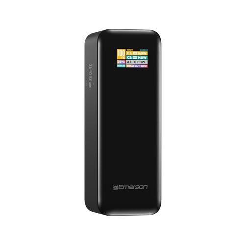 Emerson PB2712B Power Bank, Small and Travel Ready, 27,000mAh with PD 140W, USB-C and USB-A Ports with Intelligent Digital LCD Display, Black