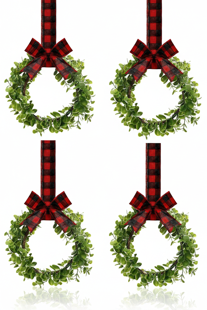WILLBOND 4 Pcs Christmas Kitchen Cabinet Wreath Boxwood Garland with Ribbon Greenery Garland Hanging Wreaths for Cabinet Wall Window Door Fireplace Party Farmhouse Decor(Black and Red,Fabric)