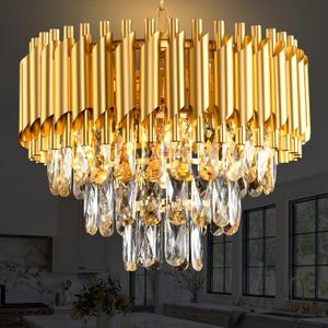 Gold Crystal Chandelier 3-Tier Dining Room Chandelier Light fixtures Modern Chandeliers for Dining Room Small Pendant Light Fixture for Living Room Foyer Kitchen Island Entryway Round 5 Light W15.7