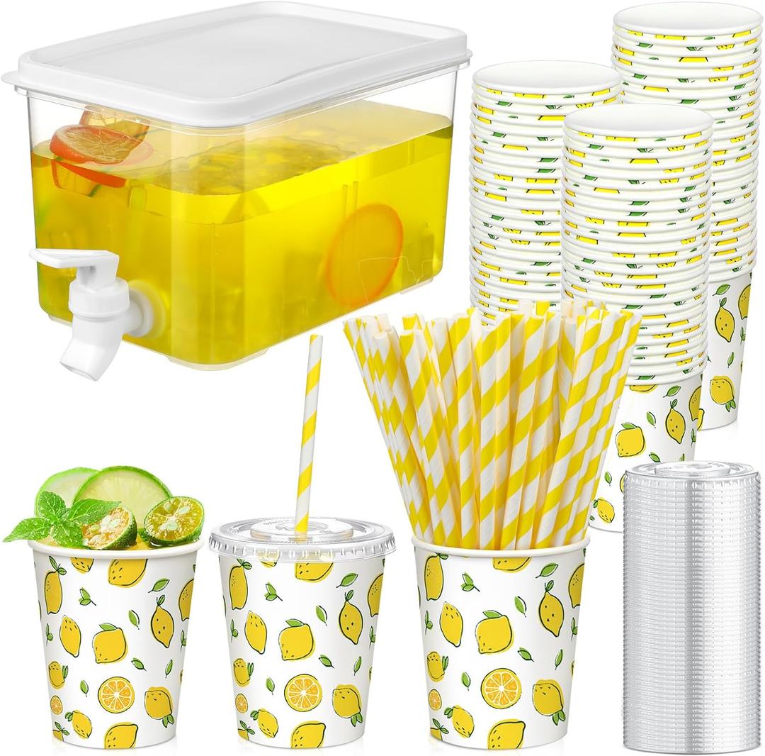 151 Pcs Lemonade Stand Supplies Lemonade Stand Kit Plastic Drink Dispenser 50 Set Disposable Cup with Lids Straws Fridge Water Beverages Dispenser with Spigot for Fruit Juice(Cup-9oz)