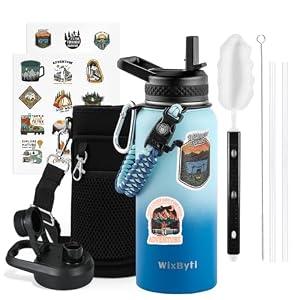WixByti 32 oz Insulated Water Bottle with Straw (Cold for 24 Hrs), Stainless Steel Triple Wall Vacuum Sports Water Jug, Leakproof Hydro Cup Flask with Paracord Handle & Straw Spout Lids & DIY Stickers