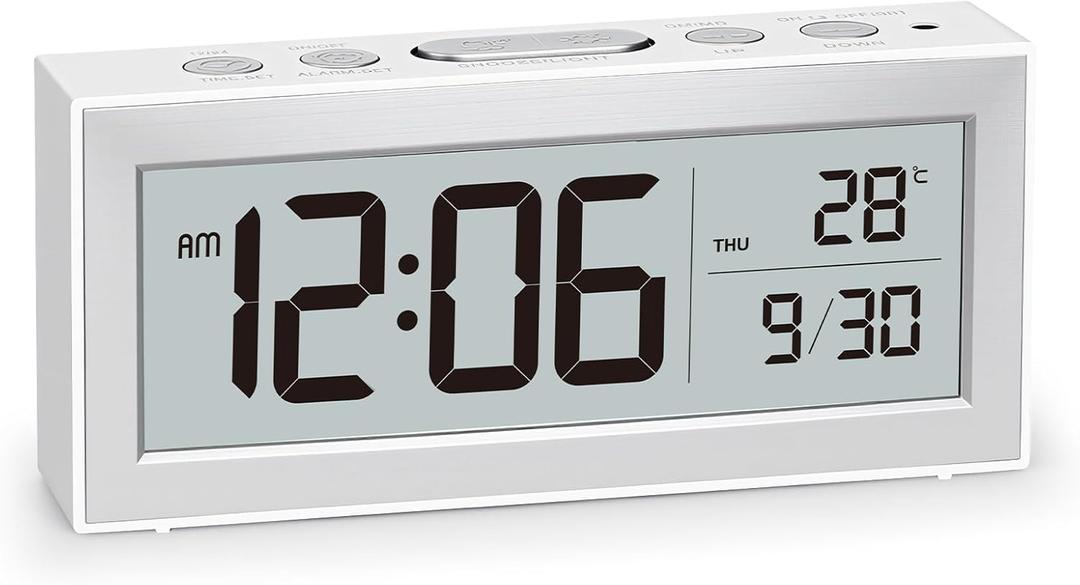 ALANAS Battery Operated Alarm Clock, Portable Digital Clock with Large Display, Snooze, Temperature & Date, Auto-Dim Night Light for Easy Reading, Ideal for Seniors, Kids, Bedroom, Travel, Nightstand (White)