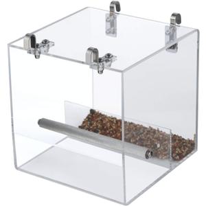 Automatic Bird Feeder No Mess Bird Cage Pet Feeder Seed Food Container for Parakeet Canary Cockatiel Parrot Finch Canary Acrylic (6.3 x 6.3 x 6.3 inch)