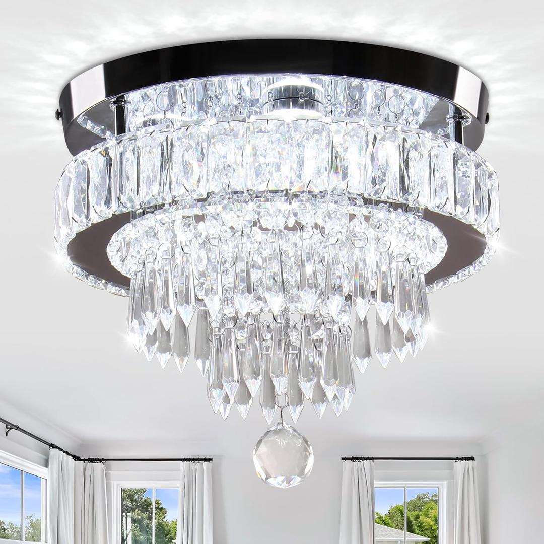 11.8" Modern LED Crystal Chandelier-Flush Mount Ceiling Light Fixture with K9 Crystals,Stainless Steel Small Chandelier for Bedroom Dining Room Hallway Entryway Foyer Closet,Energy Efficient 6500K (MC002-Cool)