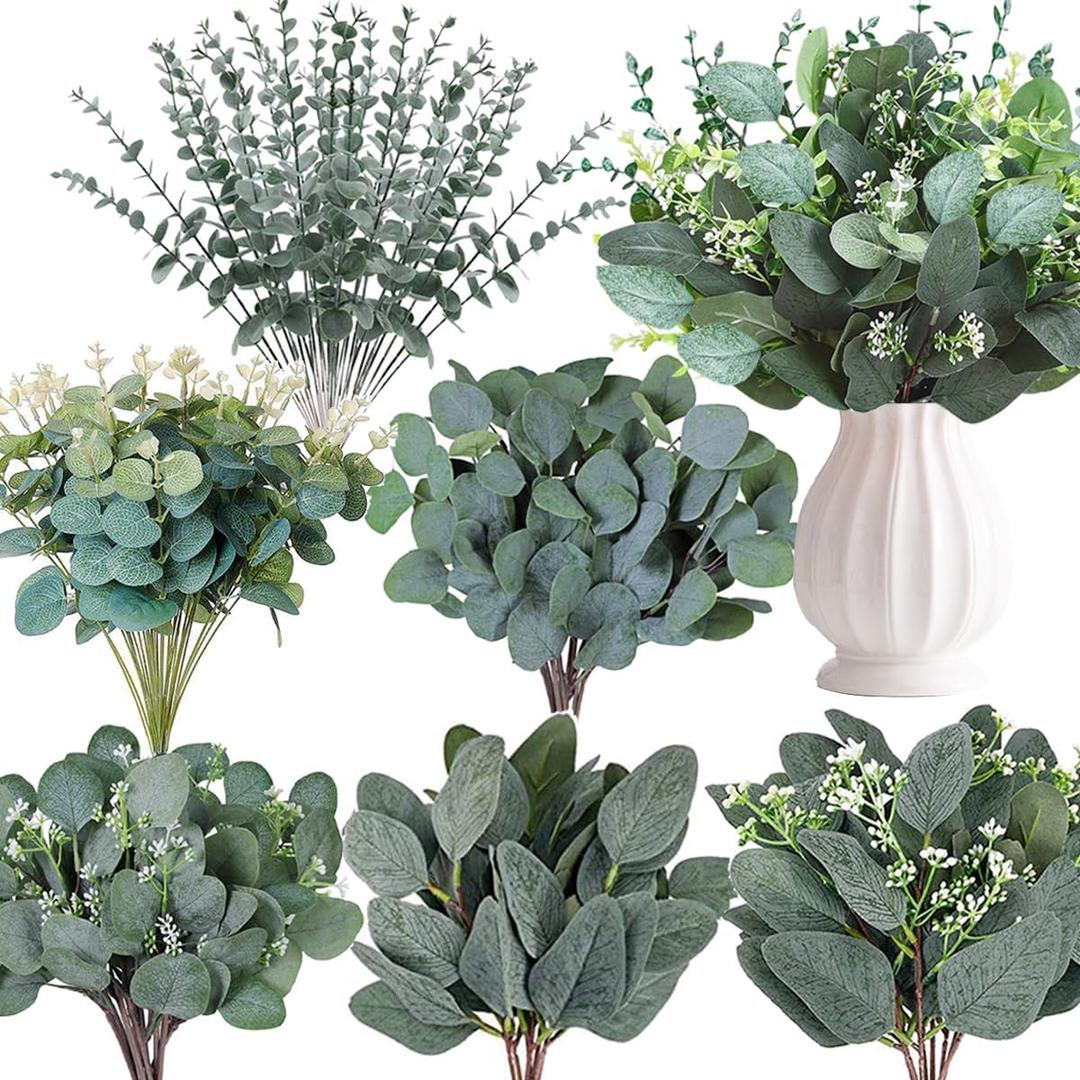 240 Pcs 6 Kinds Mixed Eucalyptus Leaves Stems Bulk Artificial Silver Dollar Eucalyptus Leaves Picks Dried Eucalyptus Bundle Faux Spray for Wedding Vase Bouquet Floral Arrangement Decor (240)