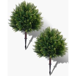 Artificial Cypress, 27.6'' Topiary Trees Artificial Outdoor, Faux Cedar Shrubs with Ground Spike, UV Resistant Faux Plants for Outdoor Planters, Set of 2 Fake Bushes Front Porch, Outside Garden Decor