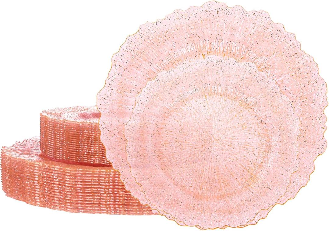 U-QE 60PCS Pink Plates for Party - Pink Plastic Plates Disposable&Reusable - Clear Pink Heavy Duty Plastic Plates for Party Including 30 Plastic Dinner Plates 10.25" & 30 Plastic Dessert Plates 7"