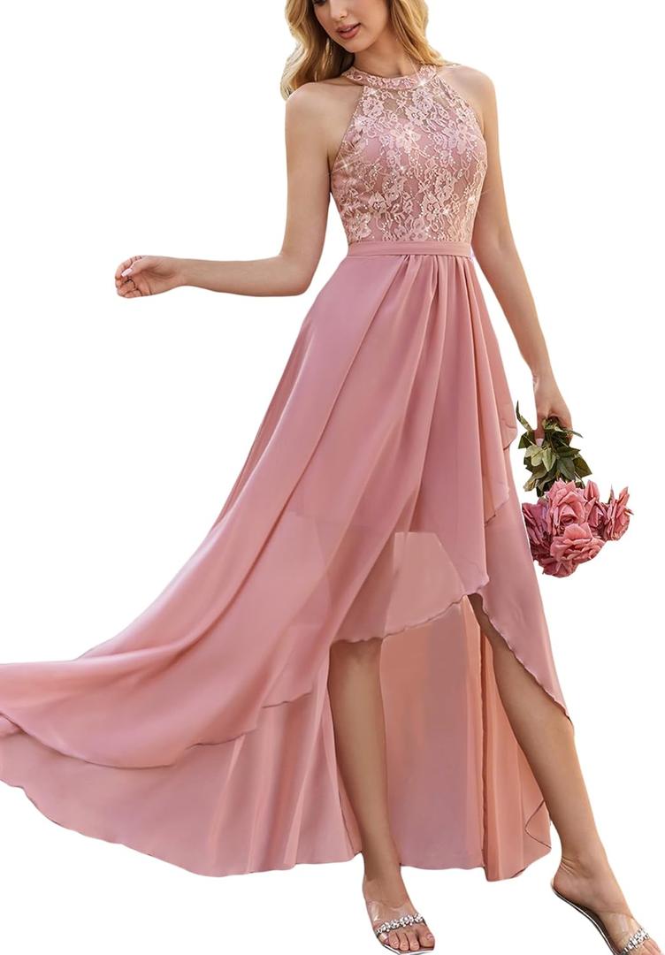 Women's Prom Dresses Floral Lace Ruffle Formal Choir Dress Cocktail Party Midi Wedding Guest Bridesmaid Evening Gown (#1pink) S