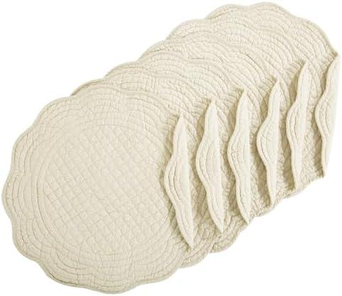 HOMBYS Quilted Placemats Set of 6 Washable Round Placemats for Kitchen Table-100% Cotton Fabric 14 Inch Round Table Mats, Cotton Fabric with Microfiber Filling, (14"x14", Flax)