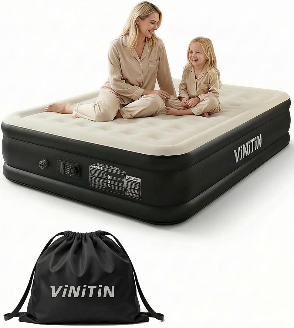 Queen Air Mattress with Built-in Pump, 16" Elevated Inflatable Bed for Home & Guests, Self-Inflating Blow Up Mattress with Flocked Top & Storage Bag, 660lb Max Weight, Matt Black