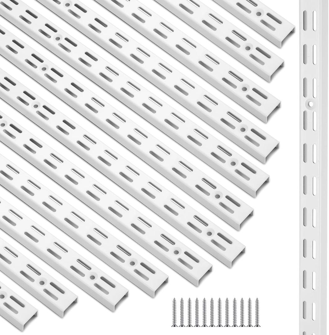 MorningRo 12 Pack 47.5 Inch Dual Track Upright Wall Shelving System Shelf Bracket Twin Slot Shelf Rail Dual Track Upright Heavy Duty Support System for Pantries, Linen Closets, Laundry Rooms(White)