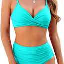 ZAFUL Women High Waisted Bikini Sets Two Piece Swimsuit Push Up Twist Front Ruched Bathing Suit (Blue, L)