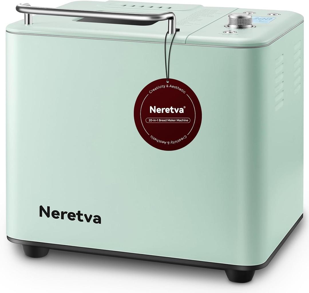 Neretva Bread Maker, 20-in-1 2LB Bread Machine Dual Heater & Nonstick Ceramic Pan Bread Makers Machine All Metal Compact for Gluten Free/Dough Maker/Meat Floss/Jam/Yogurt/Breadmaker Recipe-Light Green