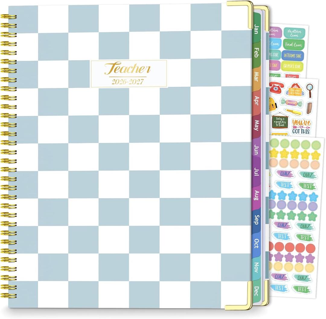 Teacher Planner 2026-2027, Jul 2026-Jun 2027 Academic Year, 8.5" x 11" Lesson Planner Book for Teacher Calendar, Spiral Bound Planners, Colorful Monthly Tabs, Planning Stickers, BlueCheckered