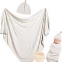Rayon Made from Bamboo Newborn Swaddle Blanket Set with Matching Beanie, Super Soft Stretchy Baby Clothes Outfit for Girl Boy, Receiving Blankets Newborn Essentials, 35 x 35 Inch (Oat)