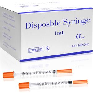 1 mL 30G x 5/16" (8mm) Syringes 100 Pack, Disposable Sterile Syringe, Individually Wrapped, Clear Markings for Lab Supplies Dispensing Supplies