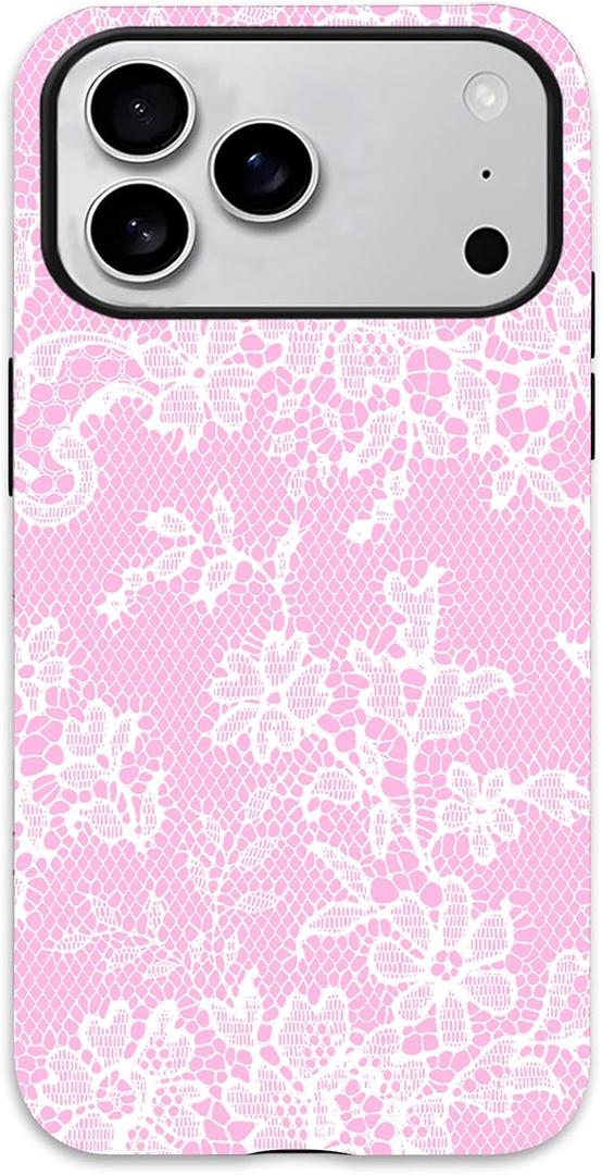 for iPhone 17 Pro Max Case, Cute Vintage Lace Flower Pattern Phone Case for Women Girls, Aesthetic Elegant Hybrid 2-Layer Hard Shell Protective Cover, Pink & White Floral Lace
