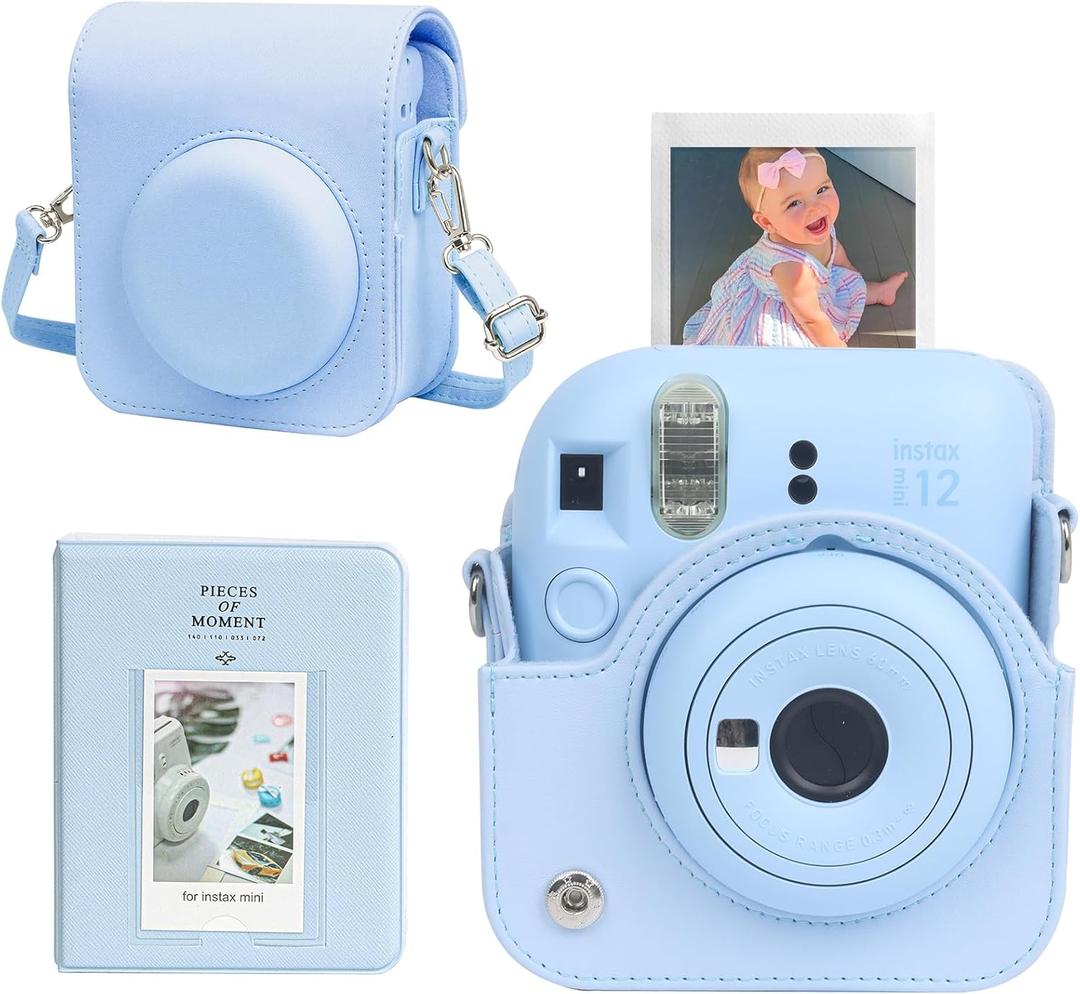 CAIYOULE Camera Case for Fujifilm Instax Mini 12 Instant Film Camera, Leather Protective Camera Crossbody Bag for Fuji Mini 12 with Photo Album, Adjustable Shoulder Strap, Pastel Blue-No Camera