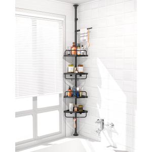 ADOVEL 4 Layer Corner Shower Caddy, Stainless Steel Constant Tension Pole Shower Organizer, Adjustable Corner Shower Shelf, Rustproof 3.3 to 9.8 ft (Black)