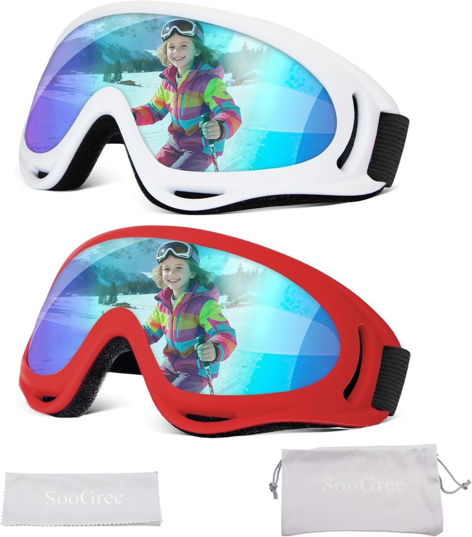 2 Pack Snow Ski Goggles, Snowboard Snow Goggles for Men Women Youth Kids, UV Protection Winter Snow Sports Goggles (Red Frame Multicolor/White Frame Multicolor)