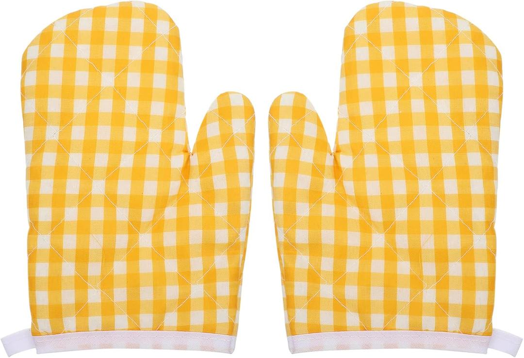 2Pcs Oven Mitts for Play Kitchen, Anti- Scald Gloves Microwave Oven Gloves Kitchen Mitts for Safe Baking Cooking (Yellow Checkered)