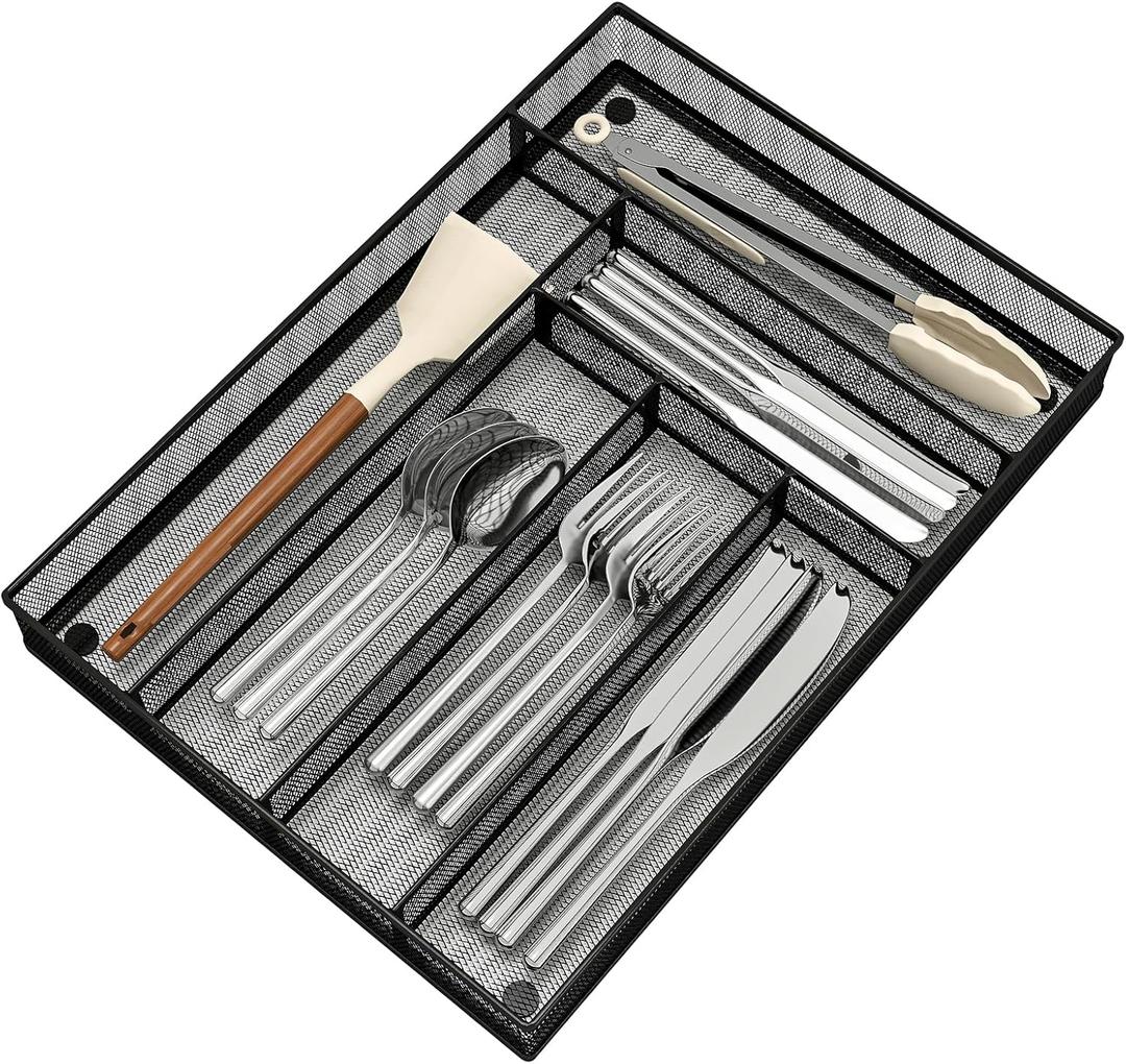 Silverware Organizer Metal Mesh, Large Drawer Organizer, Utensil Cutlery Tray for Kitchen Drawers, Flatware Organizer with 6 Compartment, Black (11.3*16)
