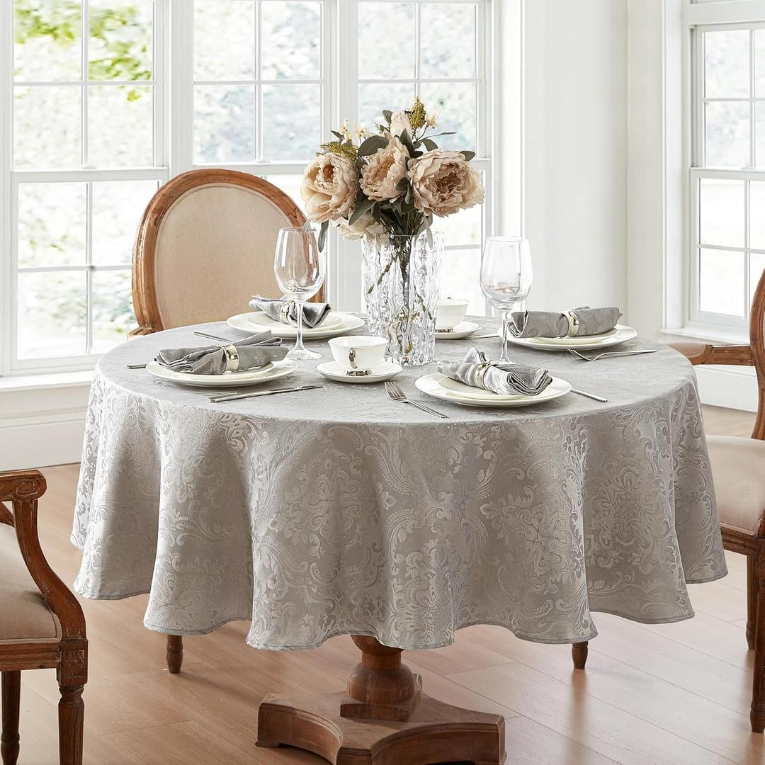 Elrene Home Fashions Caiden Elegance Damask Waterproof, Stain & Wrinkle Resistant Fabric Tablecloth, 90" Round, Silver