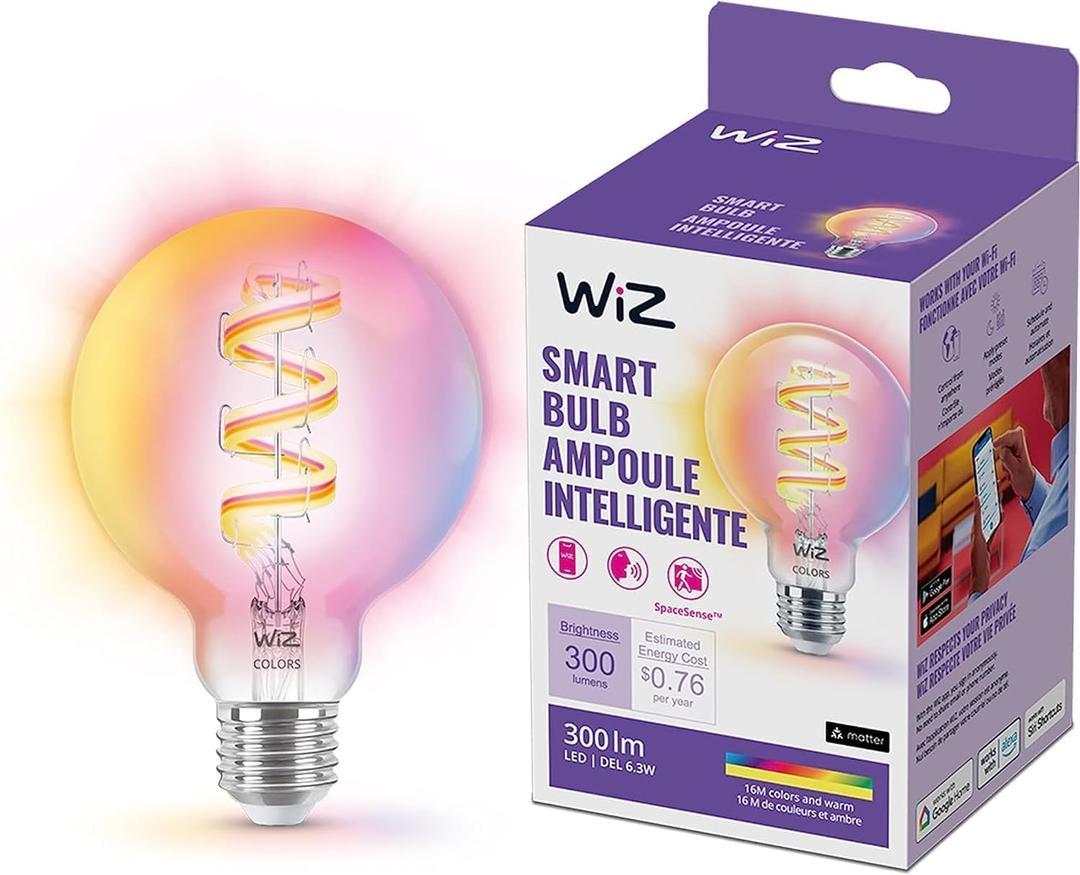 WiZ Color G25 Color Filament LED Smart Bulb  Pack of 1300 Lumen  E26 Indoor  Connects to Your Existing WiFi  Control with Voice or App + Activate with Motion  Matter Compatible