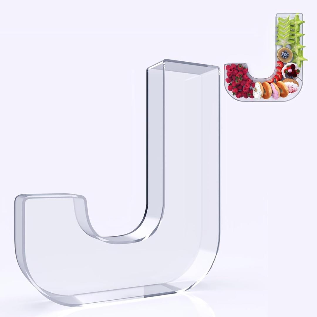 11" Acrylic Letter Charcuterie Box, Reusable Fillable Alphabet Number Shaped Form Tray for Birthday Anniversaries, Party Decorative Serving Plates Display Candy Cake (J)