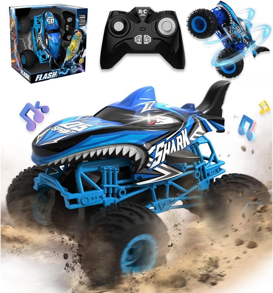 BEZGAR 1:16 Scale Remote Control Monster Truck - Shark Monster Truck Toys with 360° Spins and Drifting, RC Car with Light and Music, Remote Control Car for Boys 4-7, Kids Christmas Birthday Gifts