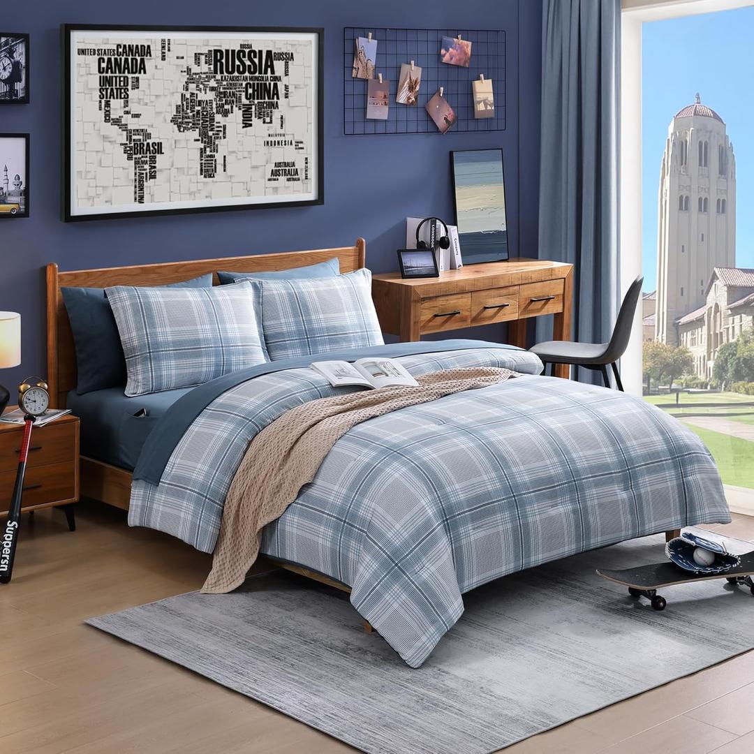 AMBERSPACE Full Size Comforter Sets, Light Blue Plaid Bedding Set 7 Piece for Boys Girls Teen, Classic Homestead-Style Kids Comforter Set Bed in A Bag with Sheets, Pillowcases & Shams