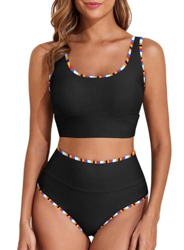 Herseas Women's 2 Piece High Waisted Bikini Sets Sporty Swim Suit Color Block Edge 2025 Beach High Cut Bathing Suits Black, XS