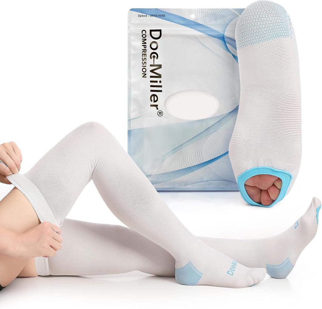Doc Miller TED Hose Thigh High Anti Embolism Stockings for Women & Men, Hospital Style Surgical Stockings, Plus Size White Compression Socks 15-20mmHg, Support Hose with Inspection Hole